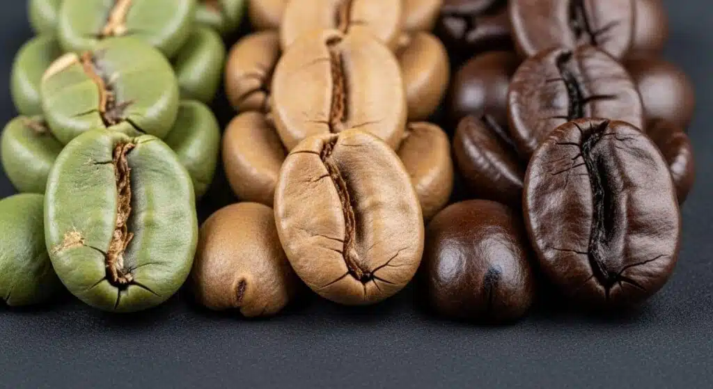 Три стадии обжарки кофе: от зеленого зерна до темного.