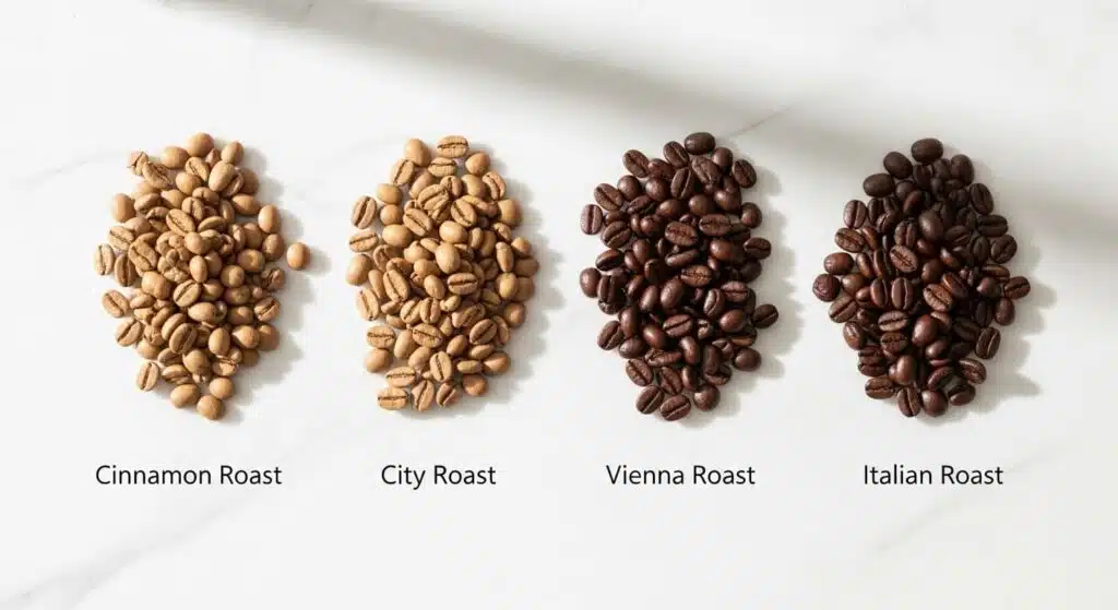Четыре вида обжарки кофе от светлой до темной на мраморной поверхности.