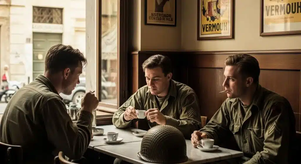 Американские солдаты в Италии пьют кофе