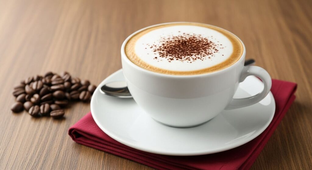 Капучино в белой чашке с пенкой и присыпанный какао-порошком.