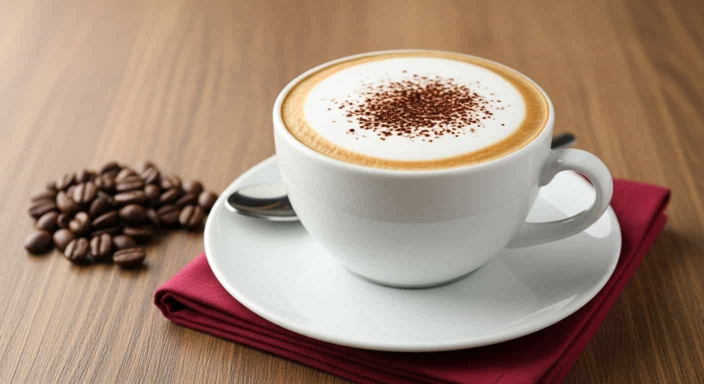 Капучино в белой чашке с пенкой и присыпанный какао-порошком.