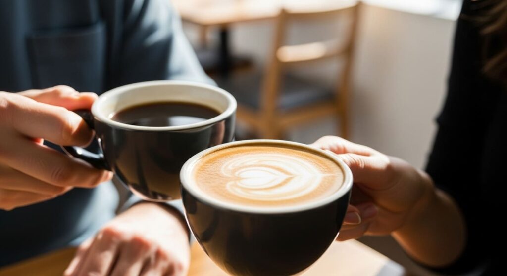 Чашки с кофе в руках мужчины и женщины.