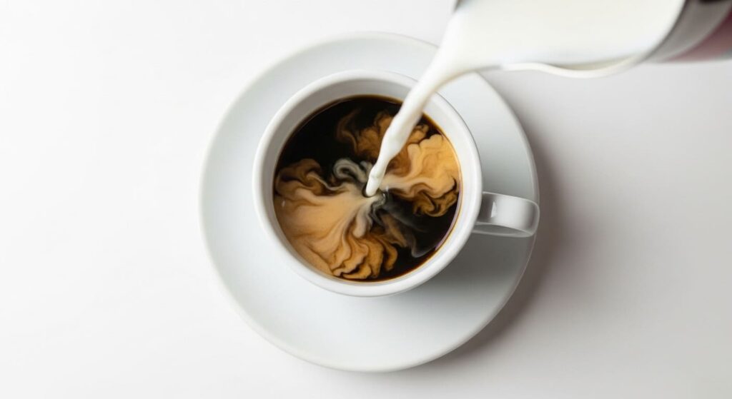 Молоко наливается в чашку с кофе.