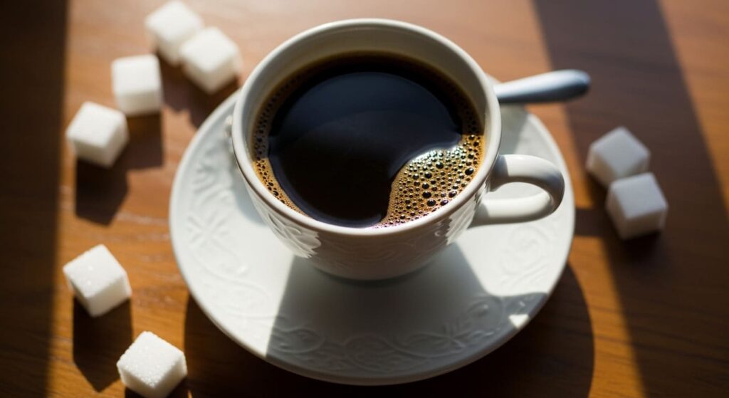 Черный кофе в окружении кусочков рафинированного сахара.